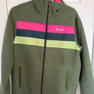 Cotopaxi Olive Fleece Sweatshirt Jacket with Pink and Yellow Accents; never worn